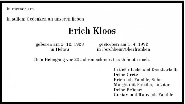 Kloos Erich 1928-1992 Todesanzeige